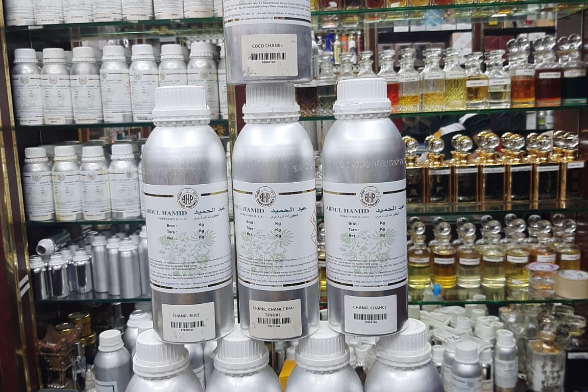 Abdul Hamid Perfumes fragrance oil bottles displayed in our showroom